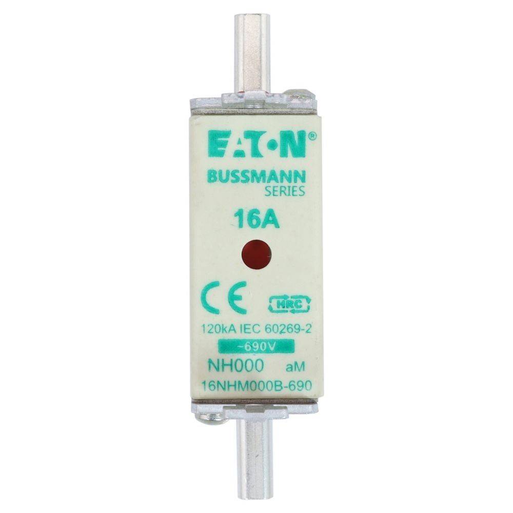 Bussmann Serie 16A Sicherung, IEC 60269-2, NH000, 690V'. Weißer rechteckiger Körper mit zwei silbernen Anschlüssen.
