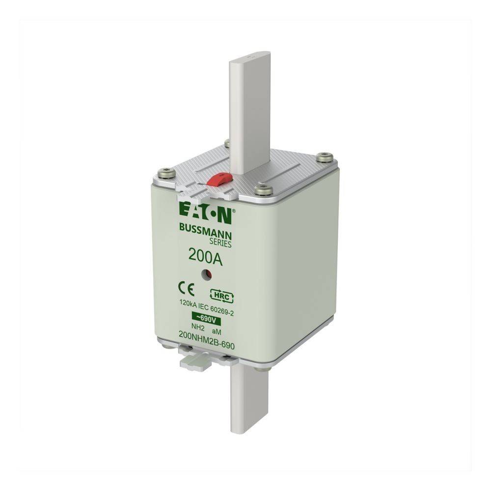 Eine weiße elektrische Sicherung mit der Aufschrift 'Eaton Bussmann Series 200A', die einen rechteckigen Körper und Metallstege aufweist, die von beiden Enden abstehen.