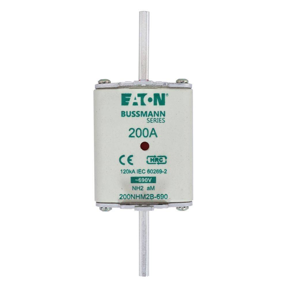 Eaton Bussmann Reihe 200A Sicherung mit Aufschriften, die Spezifikationen angeben: 120kA, IEC 60269-2, 690V, NH2 aM, 200NHM2B-690.