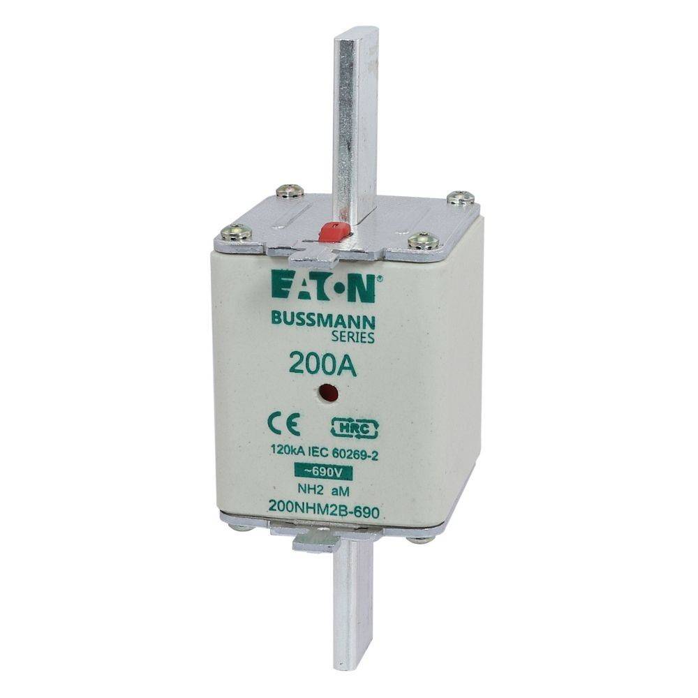 EATON Bussmann Serie 200A NH2 Sicherung, 690V, mit sichtbaren Metallleitern oben und unten, geeignet für elektrische Anwendungen.