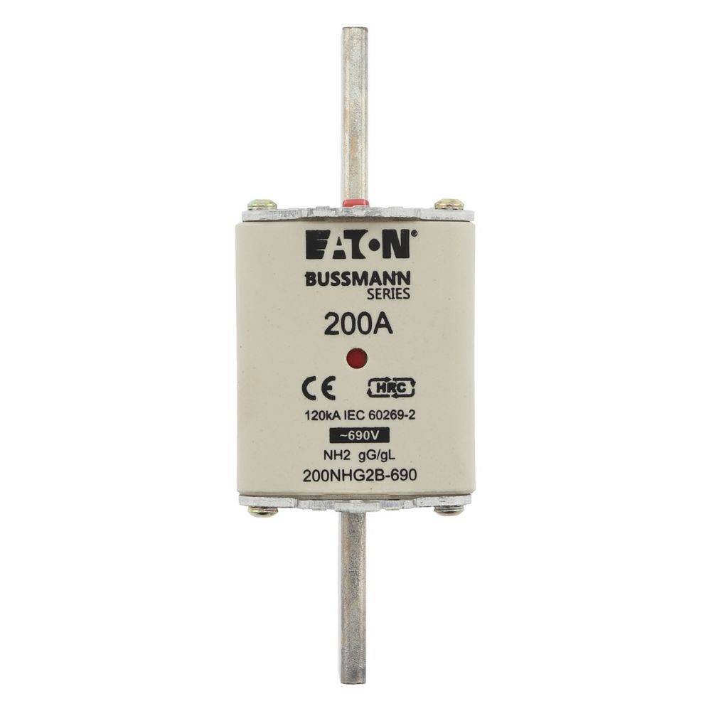 Eine Sicherung mit der Bezeichnung 'Eaton Bussmann Series 200A', geeignet für bis zu 690V, mit Konformitätszeichen. Verwendet in industriellen elektrischen Anwendungen.