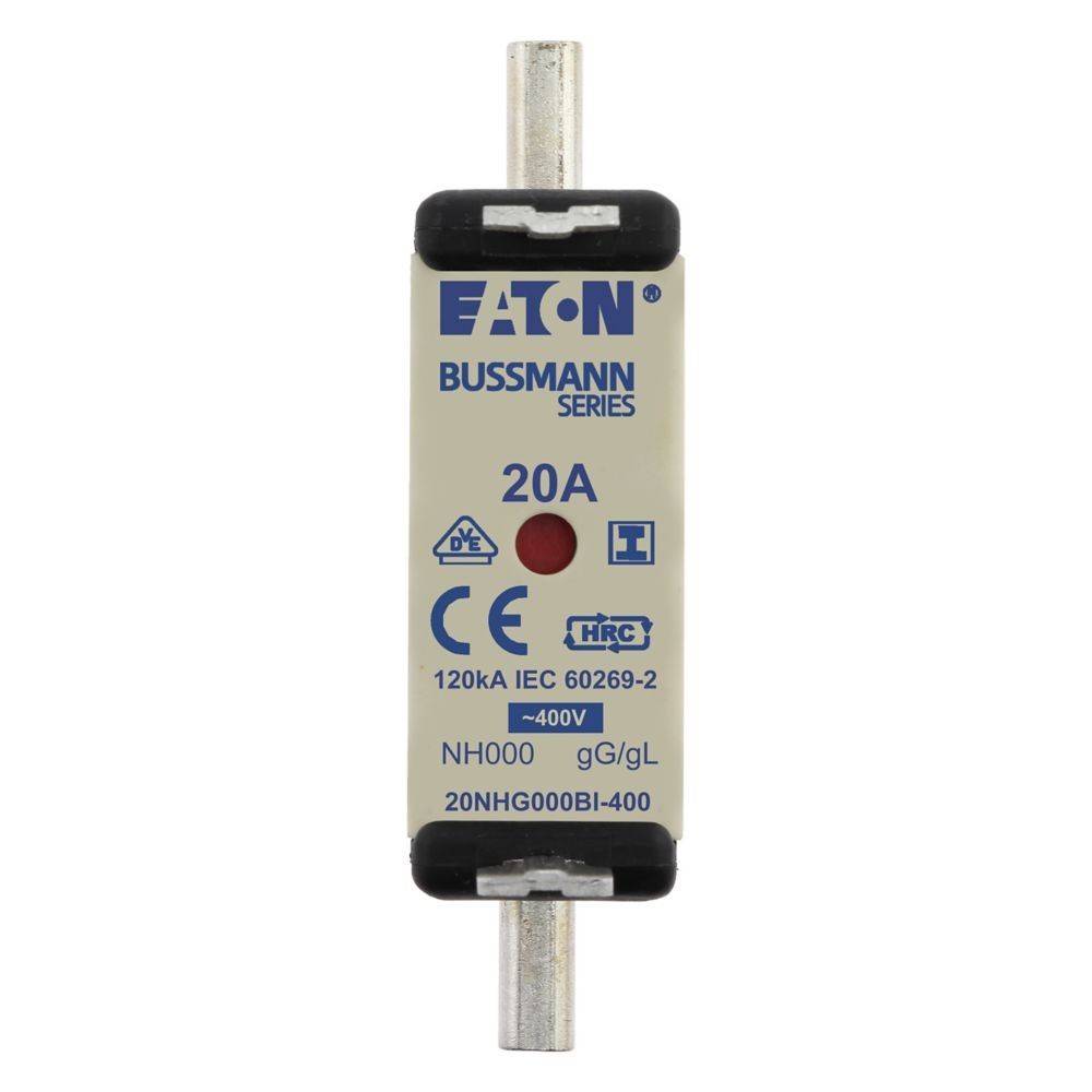 Bussmann-Serie 20A Sicherung von Eaton, 120kA IEC 60269-2, 400V Bemessungswert, gG/gL Kategorie, NH000 Größe, Modell 20NHG000B1-400.