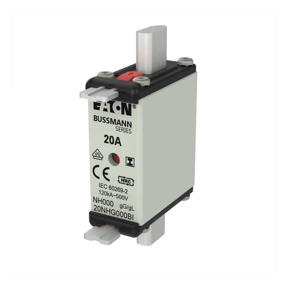 Eine 'Eaton Bussmann Series' 20A elektrische Sicherung, gekennzeichnet mit NH000, 120kA-500V, konform mit IEC 60269-2, in einer 3D-Ansicht dargestellt.