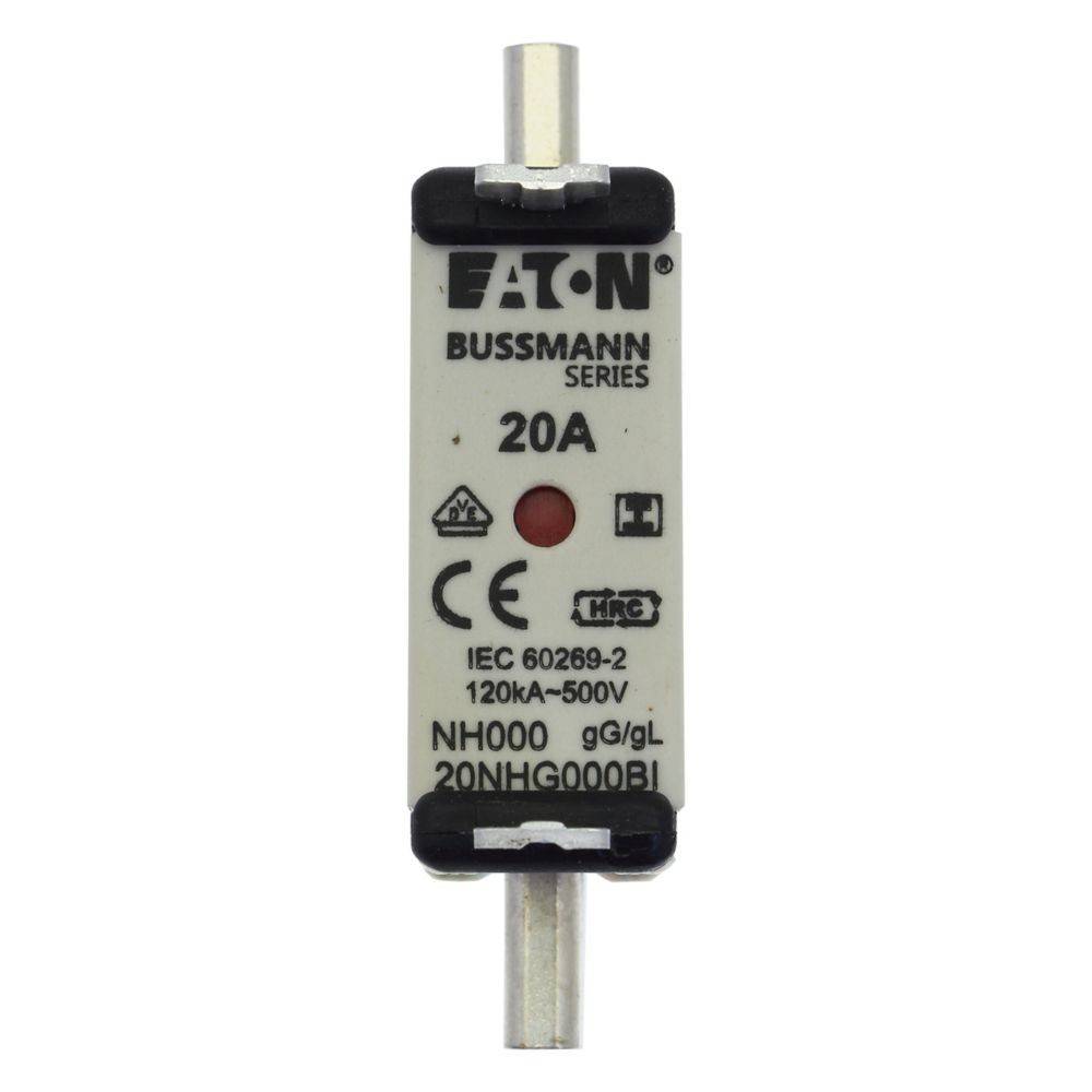 Eaton Bussmann Serie 20A Sicherung, gekennzeichnet für 120kA-500V mit Zertifizierungszeichen.