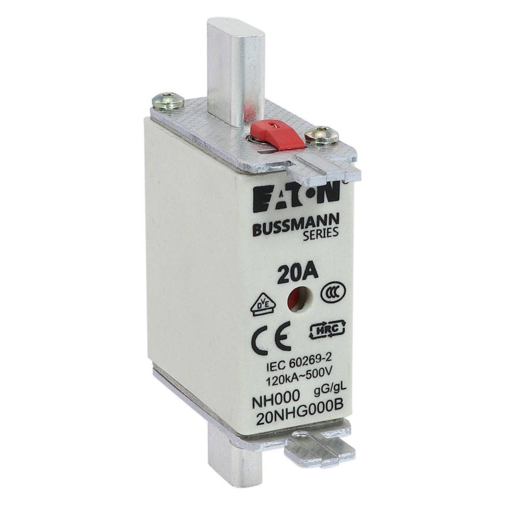 Eaton Bussmann Serie 20A Sicherung mit NH000-Größe, mit Angabe der 120kA-500V-Nennspannung, verwendet für Stromkreisschutz.