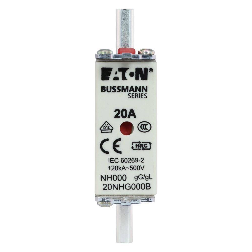 EATON Bussmann Serie NH000 Sicherung, 20A, 120kA, 500V, IEC 60269-2, 20NHG000B' Sicherung mit sichtbaren Sicherheits- und Konformitätssymbolen.