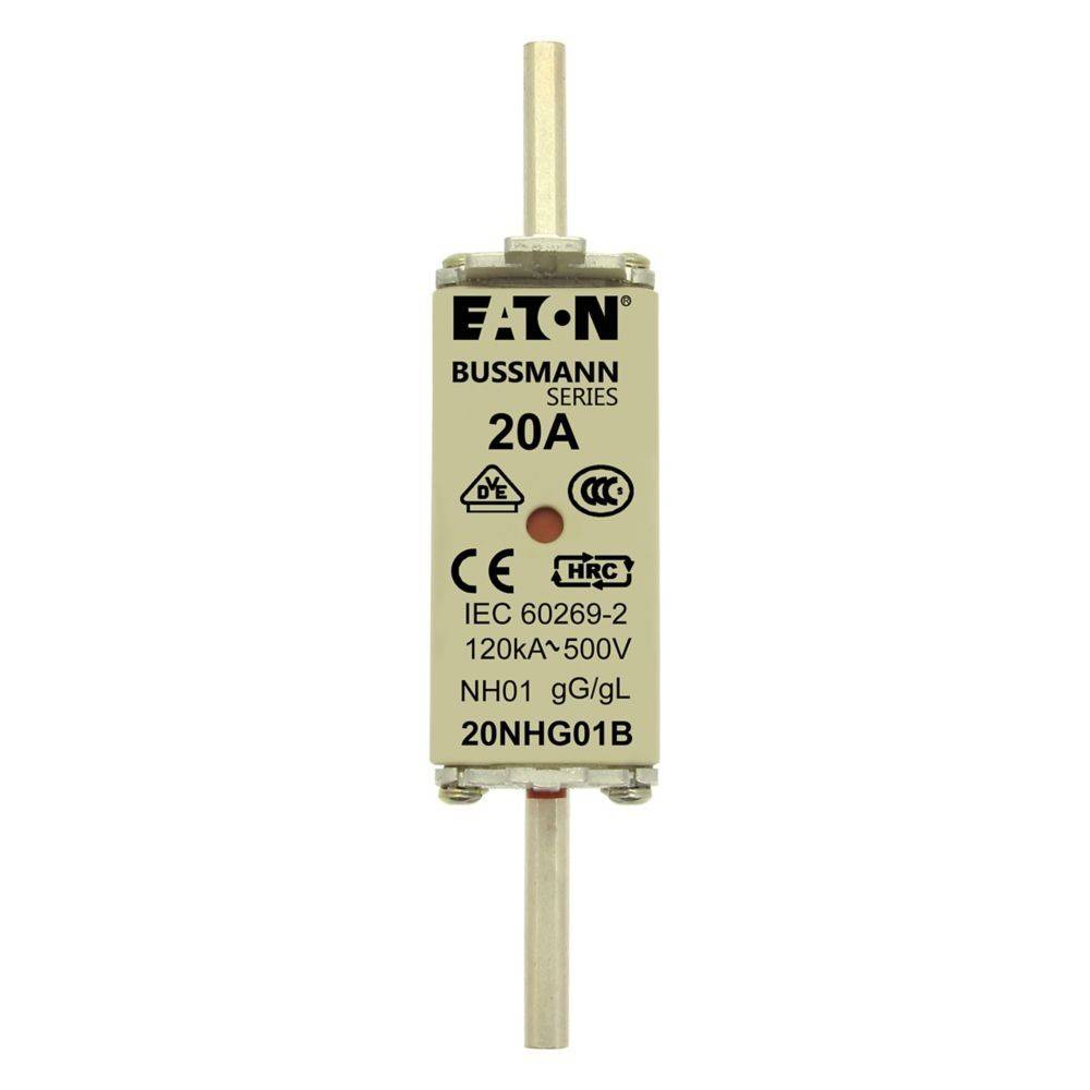 Bussmann Serie 20A Sicherung, Eaton Marke, IEC 60269-2 Standard, 120kA-500V, NH01 gG/gL, Modell 20NHG01B, mit CE- und DEKRA-Kennzeichnung.