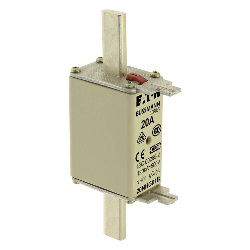 Eaton Bussmann 20A Sicherung, Modell 20NHG01B, IEC 60269-2 Standard, zur elektrischen Stromkreisabsicherung, bewertet mit 500V, 120kA Kapazität.