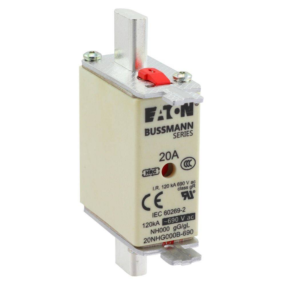 Eaton Bussmann Serie Sicherung mit Nennstrom 20A, 120kA, 690V AC. Die Sicherung ist rechteckig mit Metallanschlüssen und mit Spezifikationen beschriftet.