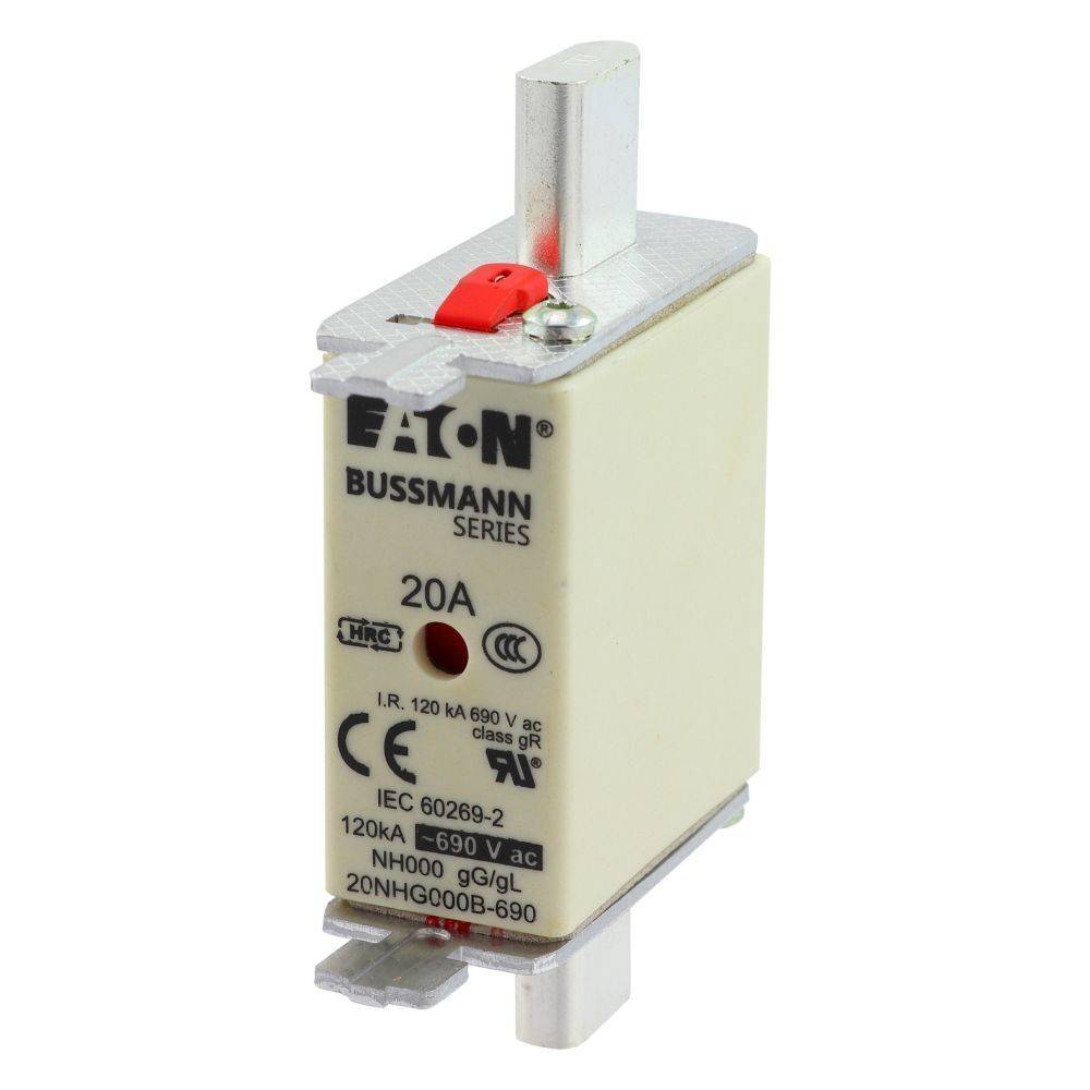 EATON Bussmann Serie 20A Sicherung, 120kA, 690V, IEC 60269-2 konform, NH00 Größe, gG/gL Typ, mit rotem Indikator.