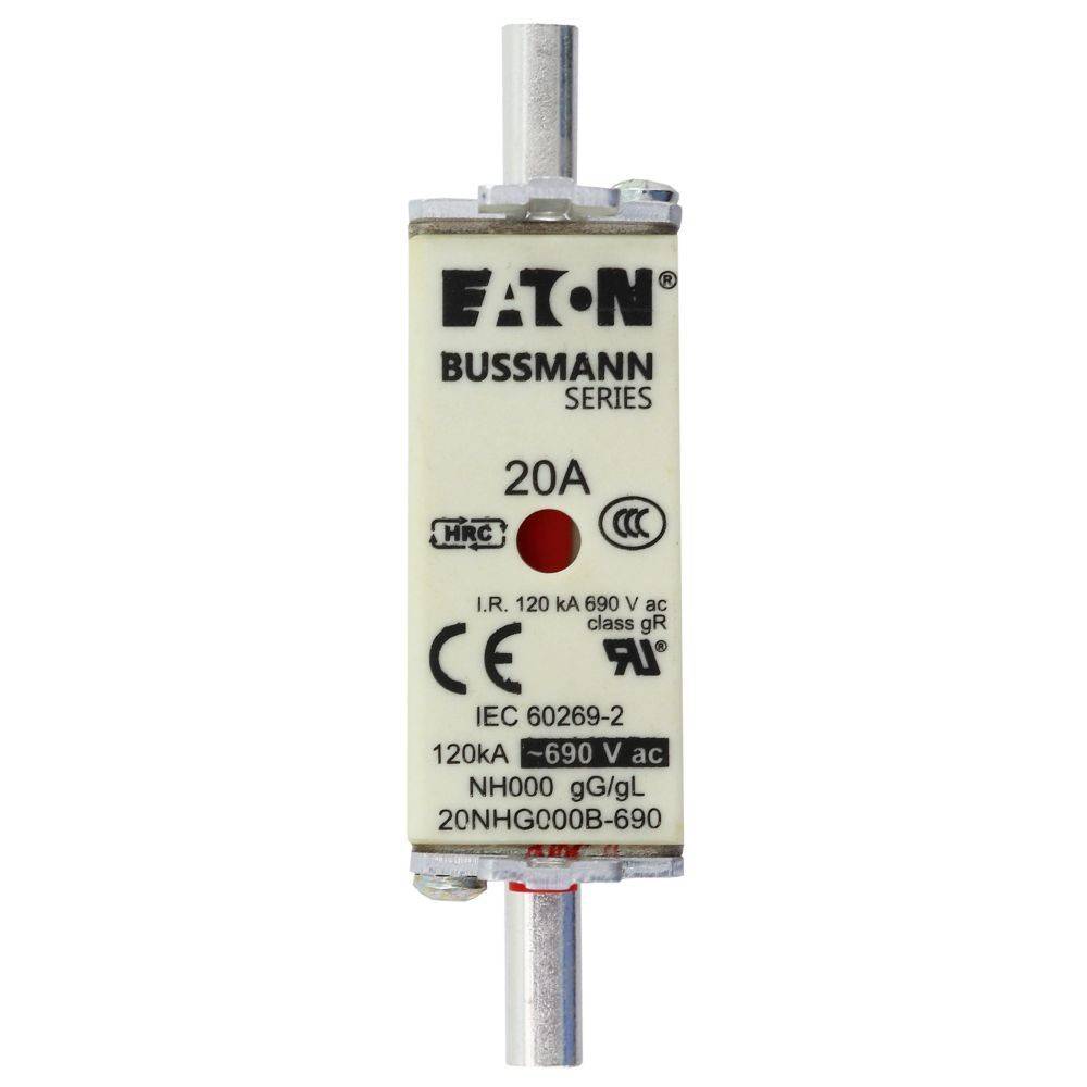 Eaton Bussmann Sicherung 20A, 120kA, 690V AC, Größe NH000, gekennzeichnet mit IEC 60269-2 Standard, geeignet für Schutz elektrischer Schaltkreise.