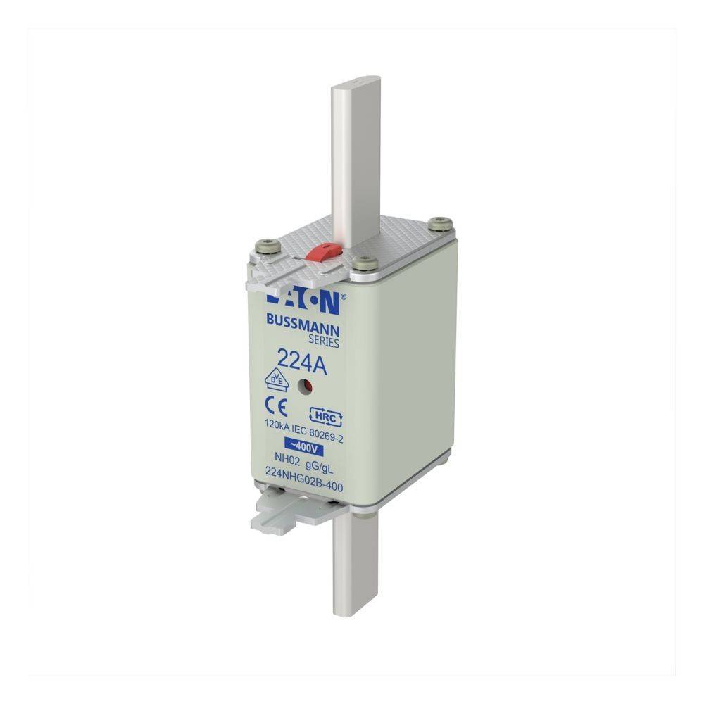Eaton Bussmann Serie 224A Sicherung mit weißem Gehäuse und Metallstiften, gekennzeichnet mit Spezifikationen: 120kA, 690V, NH000 gG/gL.