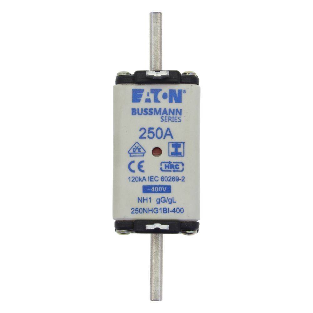 Eine weiße Eaton Bussmann Sicherung der Serie, gekennzeichnet mit ‚250A', mit 120 kA IEC-Bewertung, 400V Kapazität, mit metallischen Zylinderende für elektrische Verbindung.