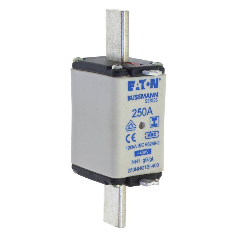 Eine 250A Eaton Bussmann Series Sicherung mit Metallkontakten, gekennzeichnet für 400V. Die Markierungen enthalten Zertifizierungen und die Modellnummer 250NHG1B1-400.