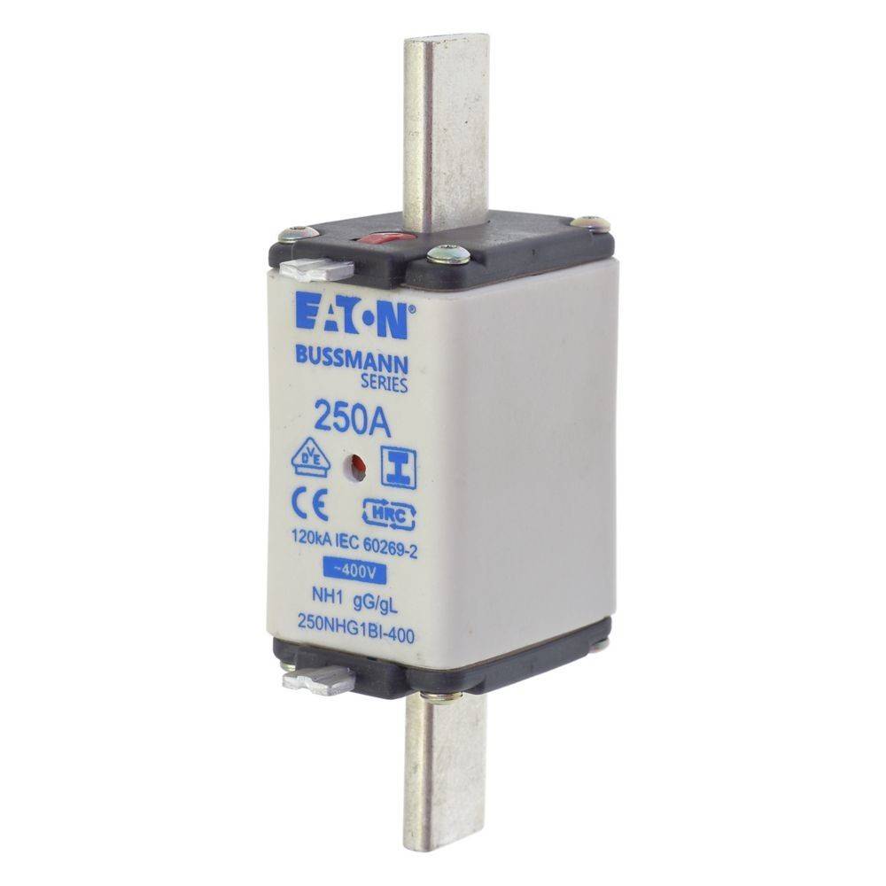 Eine Bussmann-Sicherung von Eaton mit einer Nennstromstärke von 250 A, gekennzeichnet mit Zertifizierungen und Spezifikationen für elektrische Sicherheit und Kompatibilität.