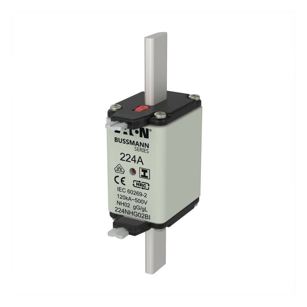 Ein rechteckiger elektrischer Sicherungseinsatz der Marke 'BUSSMANN Series 224A' mit einem weißen Gehäuse und zwei Kontaktstiften. Er zeigt Zertifizierungszeichen und technische Spezifikationen.