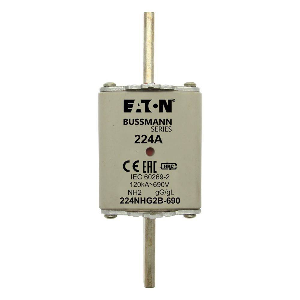 Eine weiße, rechteckige Eaton Bussmann Serie 224A Sicherung mit Metallstäben an beiden Enden. Gekennzeichnet mit 'IEC 60269-2', ausgelegt für 120kA/690V, NH2 gG/gL.