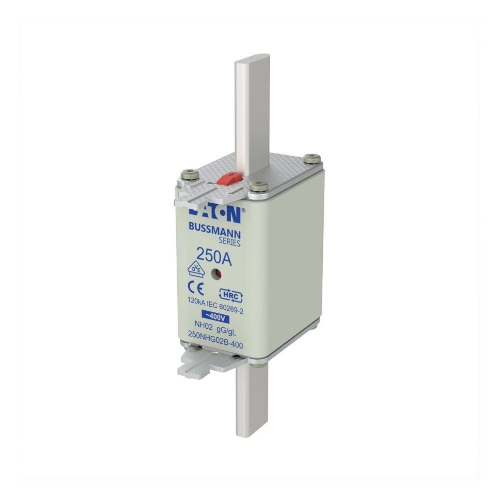 Eaton Bussmann Serie 250A Sicherung mit zwei hervorstehenden Metallstiften; Spannungsnennwert 120/240V; CE-zertifiziert.