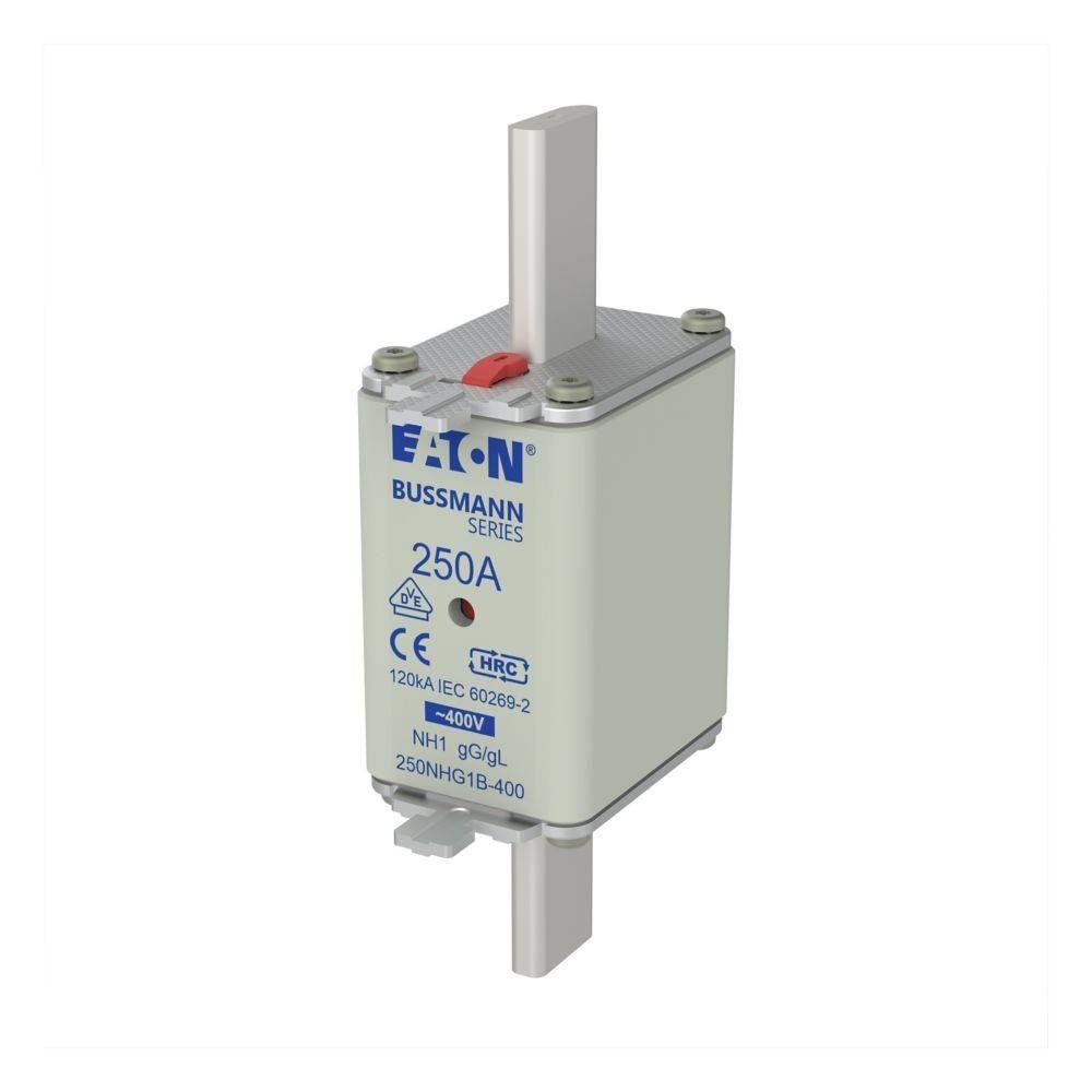 Eaton Bussmann Reihe 250A Sicherung mit HRC-Kennzeichnung, geeignet für 400V-Systeme, vertikal dargestellt mit sichtbaren Kontaktklemmen.