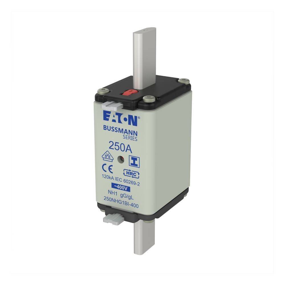 Eaton Bussmann Serie 250A Sicherung; 120kA bei 400V; NH1 gG/gL; Modell 250NHG1B1-400, mit doppelten flachen Anschlüssen oben und unten.