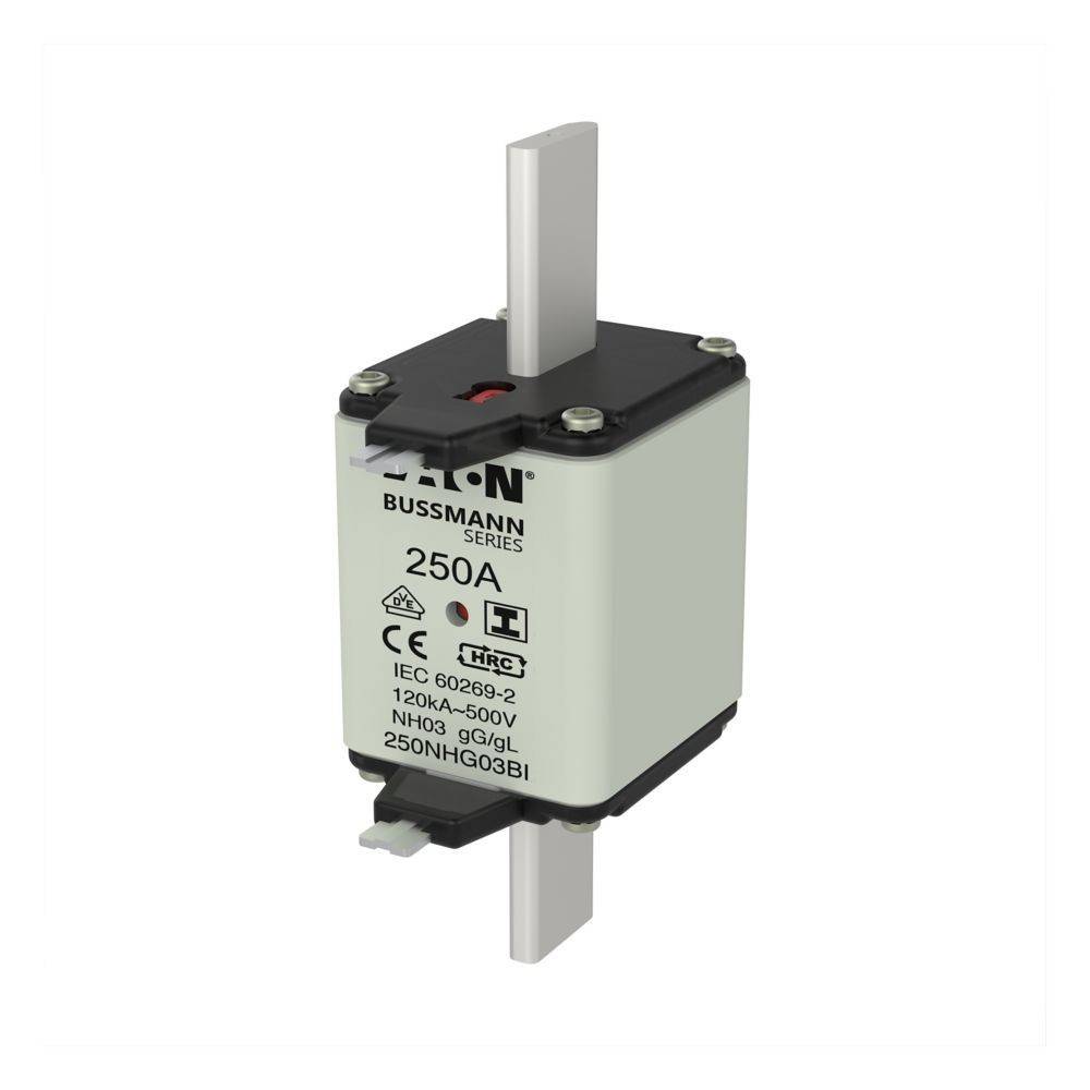 Eaton Bussmann Sicherungseinsatz, 250A, 120kA-500V, NH03 gG/gl, IEC 60269-2, Modell 250NHG03B1 mit sichtbaren Anschlussklemmen.