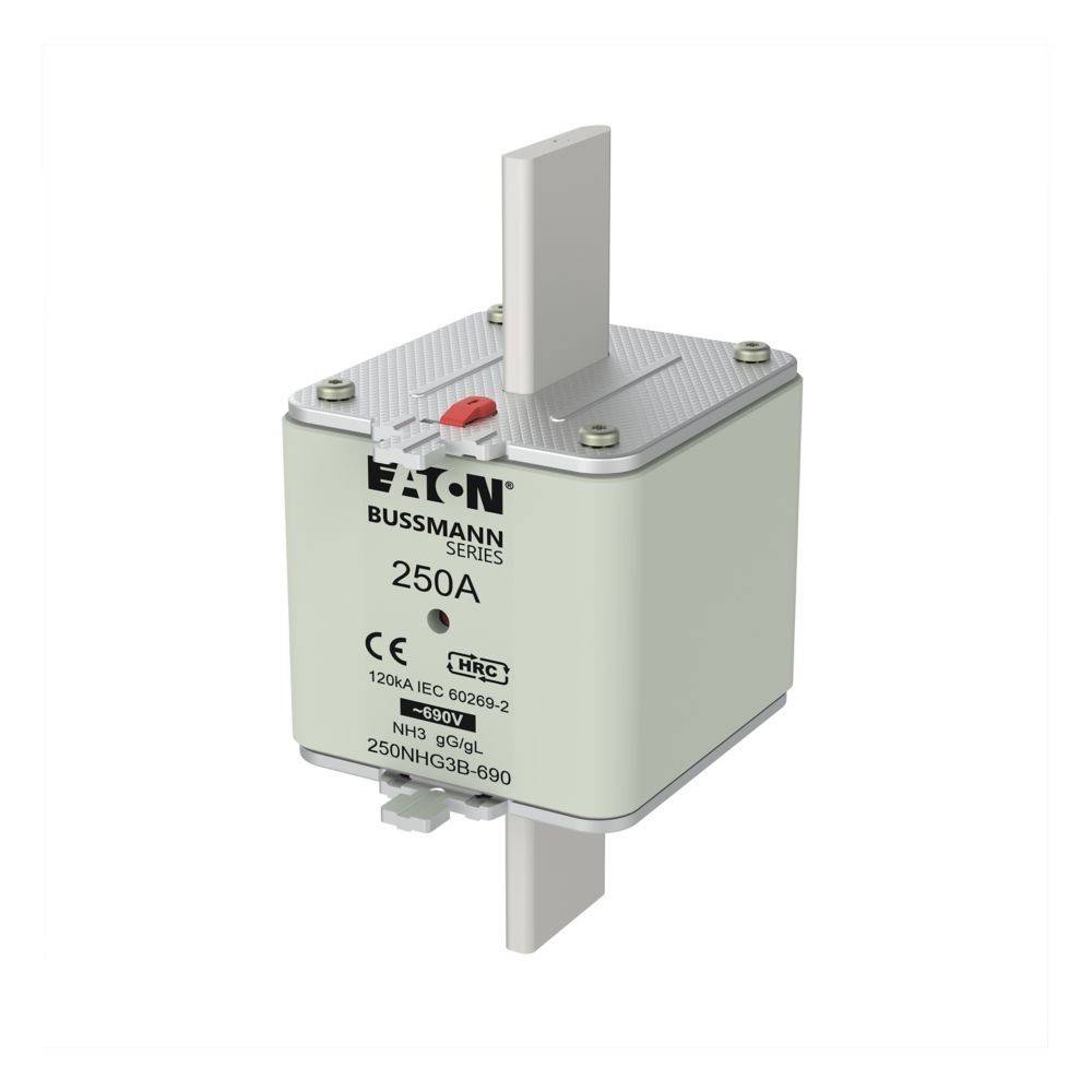 Eaton Bussmann Reihe 250A Sicherung mit Metallendblechen, gekennzeichnet als HRC NH 3, 120kA/IEC 60269-2, Modell 250NHG3B-690, verwendet für elektrischen Schutz.