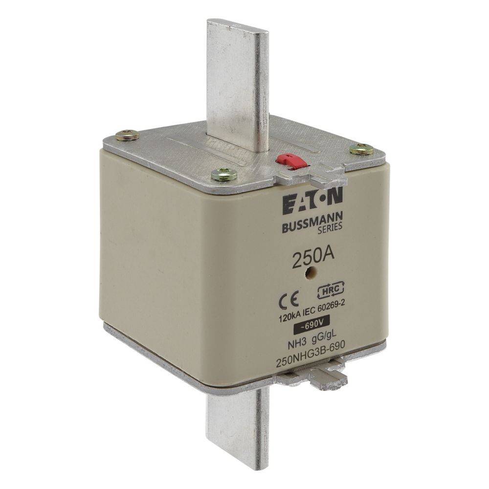 Ein rechteckiger 250A Eaton Bussmann Sicherungseinsatz mit Metallkontakten an Ober- und Unterseite, verwendet für elektrische Schaltkreise, mit einem roten Indikator.