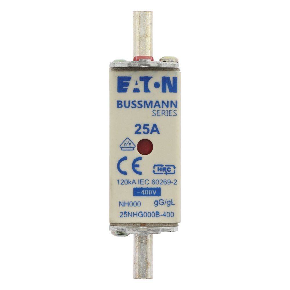 Eine weiße Bussmann-Sicherung der Serie mit 25A von Eaton, gekennzeichnet mit '120kA IEC 60269-2', '400V' und Sicherheitszertifizierungen.