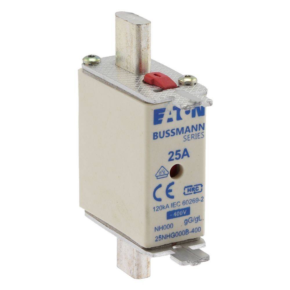 Eine 25A Bussmann Elektrosicherung mit rotem Indikator, gekennzeichnet als 'Eaton Bussmann Series', 400V.
