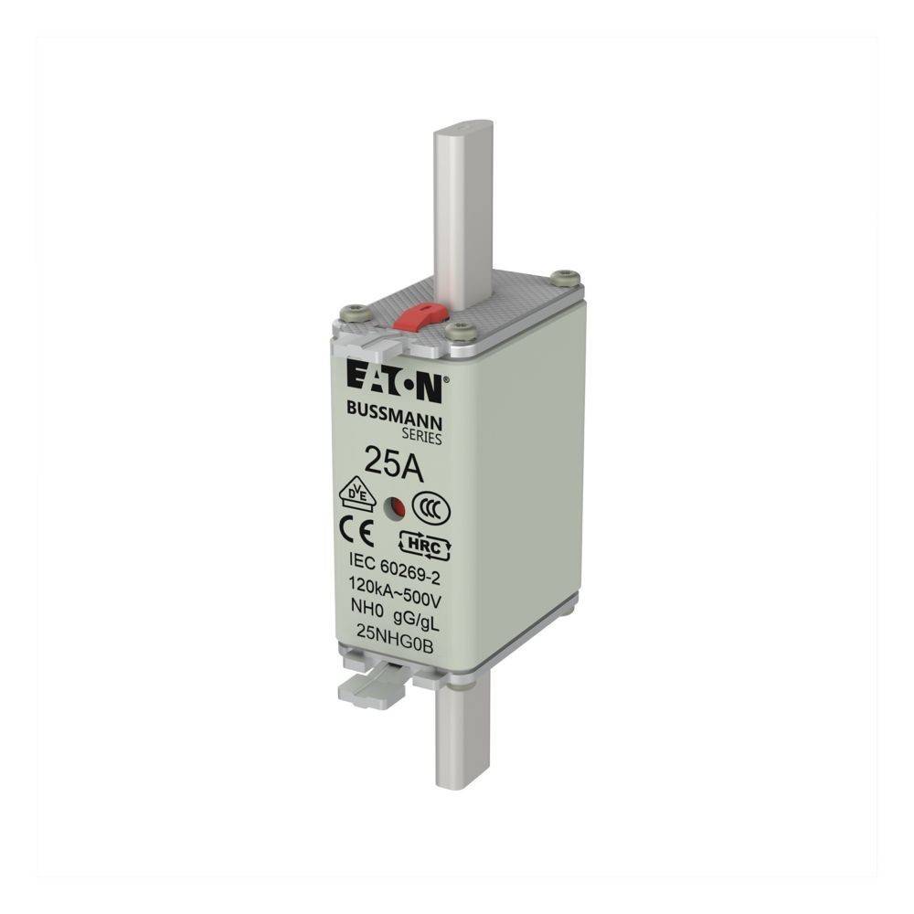 Eaton Bussmann Serie NH0 Sicherung, 25A, 120kA-500V, IEC 60269-2, NH0-gG/gL, 25NHG0B mit einem Sicherheitszertifikatsetikett.