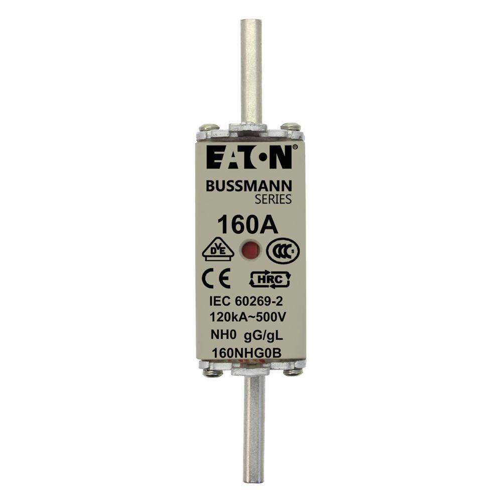 Bussmann-Reihe 160A Sicherung, bemessen für 120kA~500V, IEC 60269-2, NHO gG/gL, Modell 160NHGOB. Inklusive CE- und HRC-Zertifizierungszeichen.