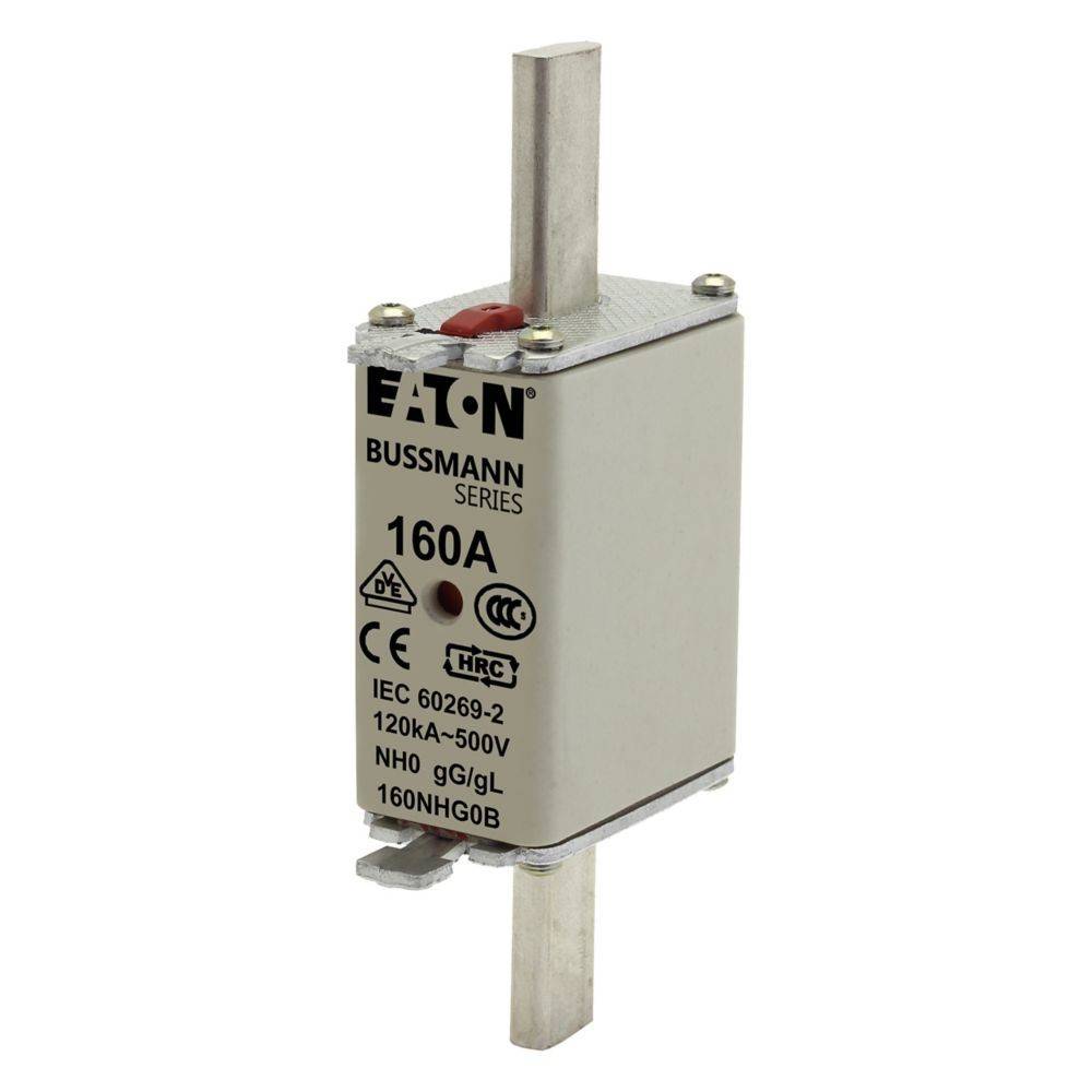 Eaton Bussmann Serie 160A Sicherung, IEC 60269-2, 120kA-500V, NH0 gG/gL, 160NHGOB. Ausgestattet mit CE- und HRC-Markierungen.