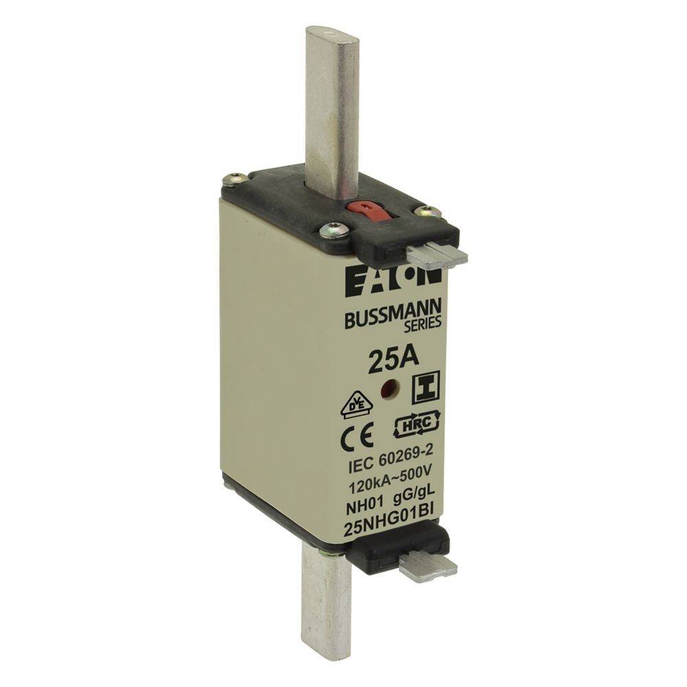 Ein Bussmann-Sicherungseinsatz der Serie 25A, Modell 25NHG01B1, ausgelegt für 120kA bei 500V mit NH00 gG/gL-Klassifizierung und rotem Anzeiger.