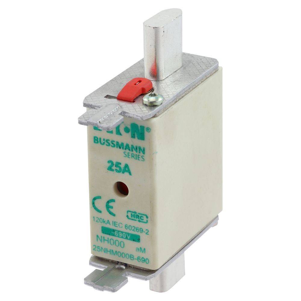 25A Bussmann-Sicherung mit Metallanschlüssen, weißem rechteckigem Gehäuse, roten und grünen Markierungen, verwendet für elektrischen Leitungsschutz.