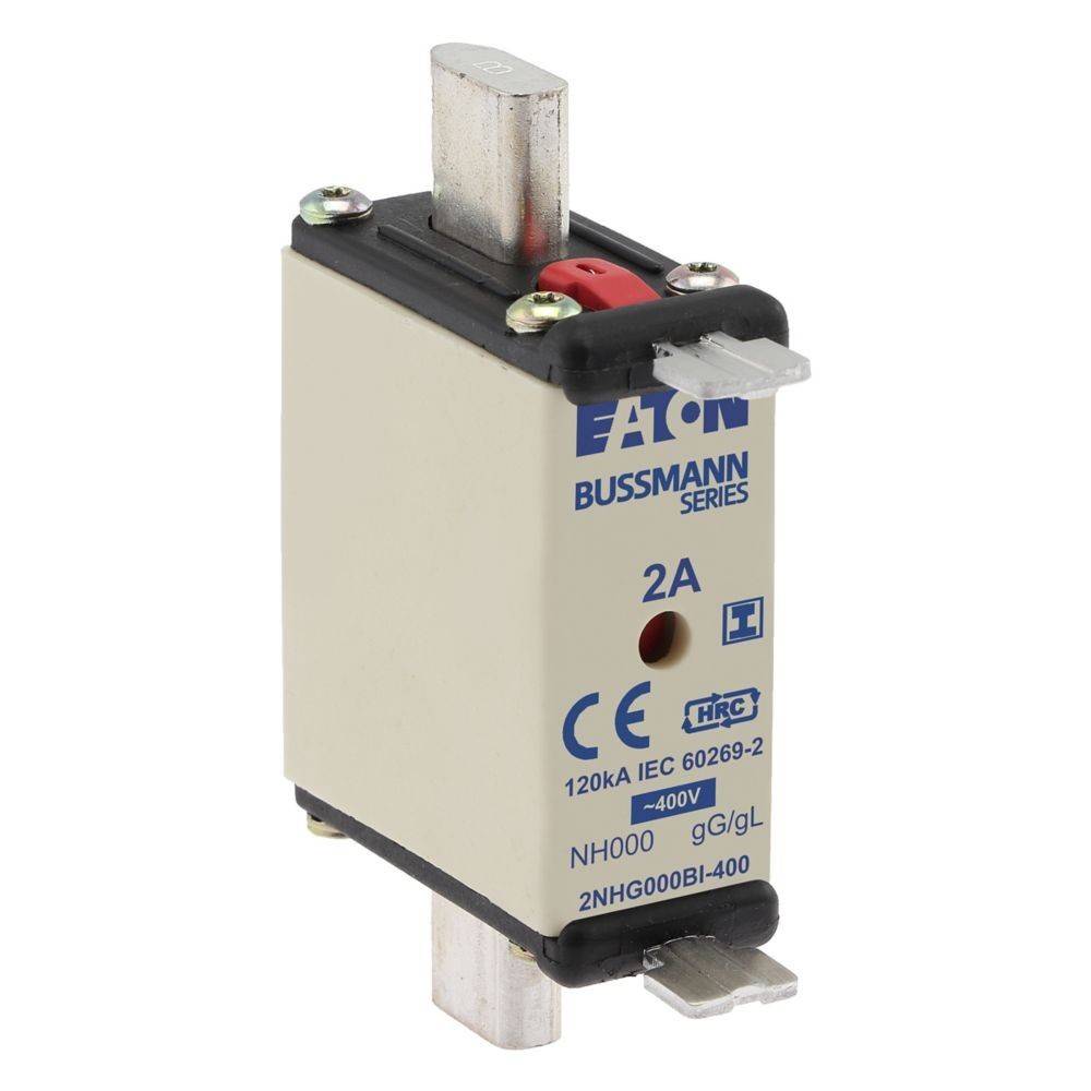Eaton Bussmann Serie NH-Sicherung, 2A, 400V, mit HRC-Zertifizierung, Metallkontakte oben und unten, geeignet für Hochspannungsanwendungen.