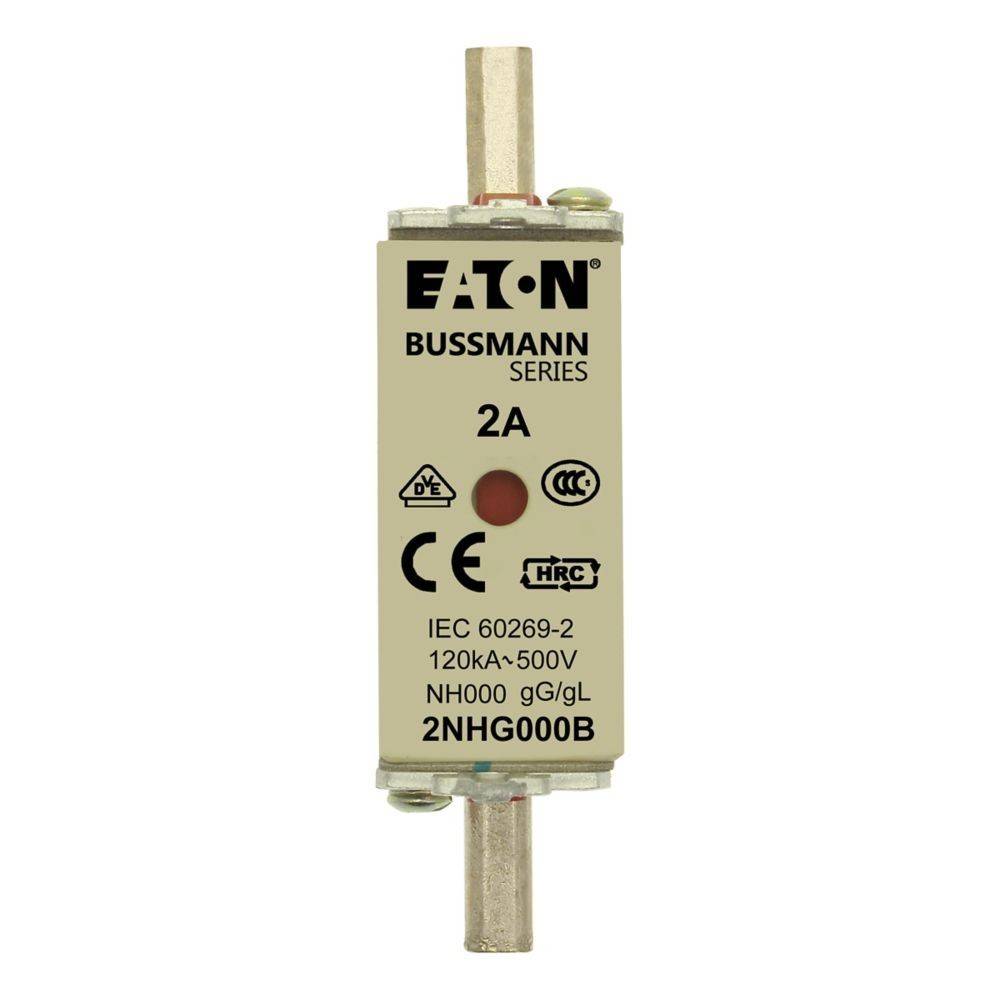 Elektrische Sicherung mit Aufschrift 'Eaton Bussmann Series, 2A'. Markierungen: CE, HRC. Bewertungen: IEC 60269-2, 120kA-500V, NH000 9GgL. Modell: 2NH6000B.