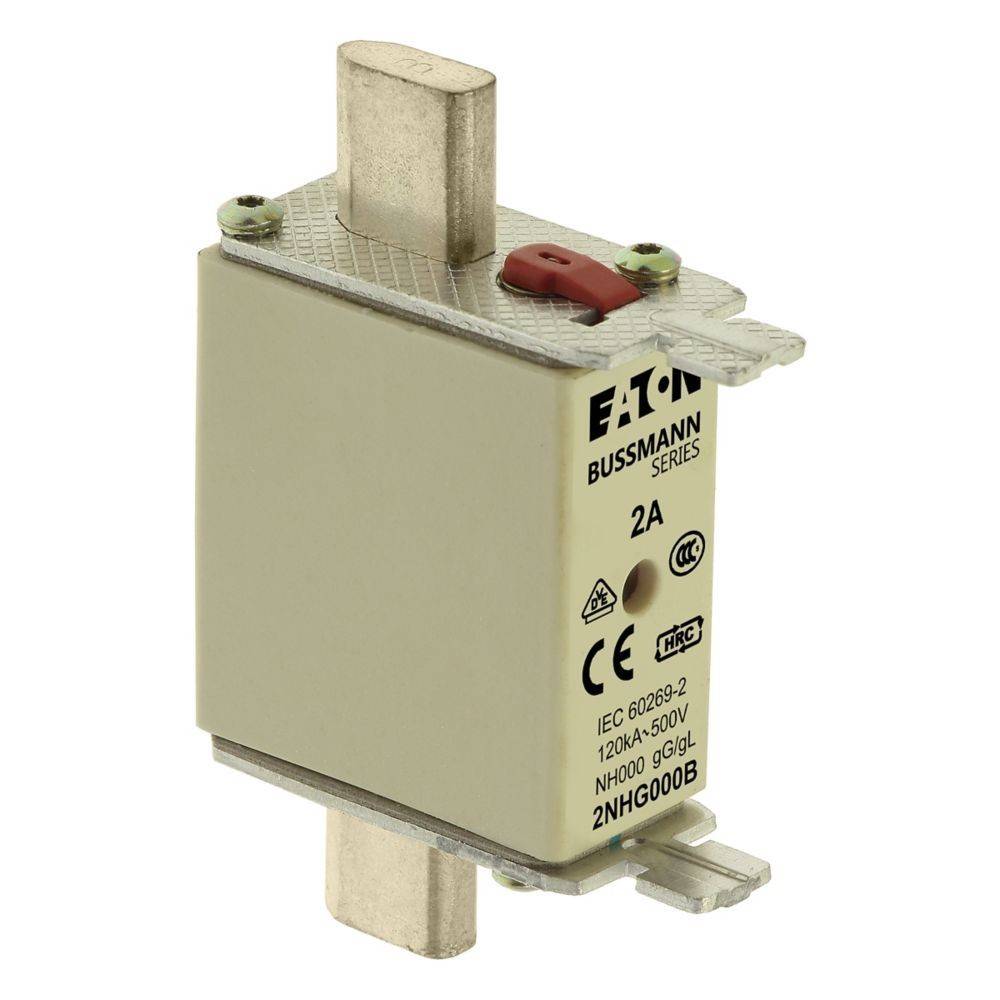 Sicherung aus der Bussmann-Reihe von Eaton, mit einer Nennstromstärke von 2A, einem Kurzschlussschutz von 120 kA und einer Nennspannung von 500 V. Zertifizierungslogos sind auf dem beigen Gehäuse sichtbar.