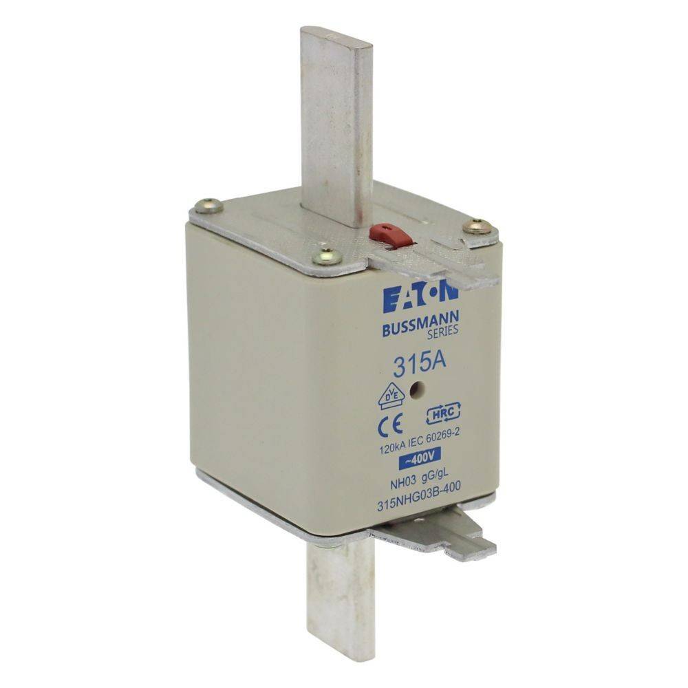 Eaton Bussmann Sicherung 315A, 400V, bezeichnet als NH00; ein quadratförmiges, graues Bauteil mit Metallanschlüssen oben und unten, verwendet für elektrische Sicherheit.