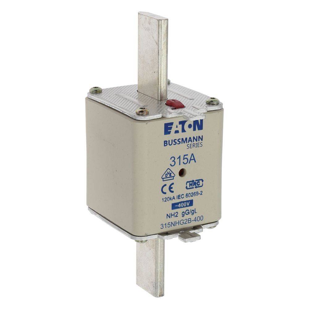 Eine NH-Sicherung mit der Bezeichnung 'Eaton Bussmann Serie 315A', entwickelt für elektrische Ausrüstung, mit Metallkontakten und Konformitätskennzeichnungen auf dem Gehäuse.