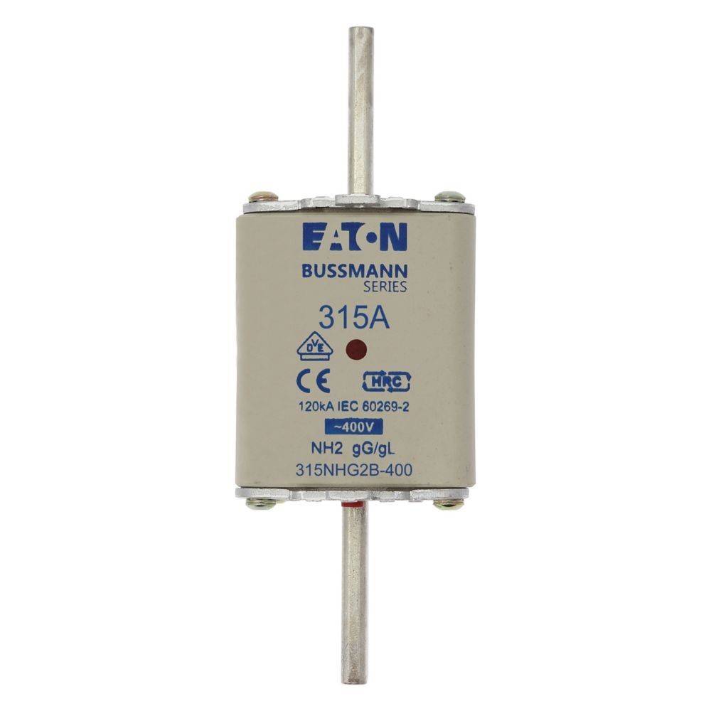 Eine zylindrische Eaton Bussmann-Reihen-Sicherung mit 315A, gekennzeichnet mit '120kA IEC 60269-2', ausgelegt für 400V-Anwendungen, mit Metallstäben an beiden Enden.