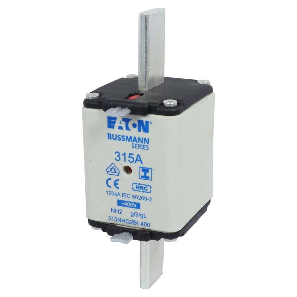 Eaton Bussmann-Reihe 315A-Sicherung mit 400V-Bewertung, die ihre rechteckige Form und die Metallverbinder an Ober- und Unterseite präsentiert.