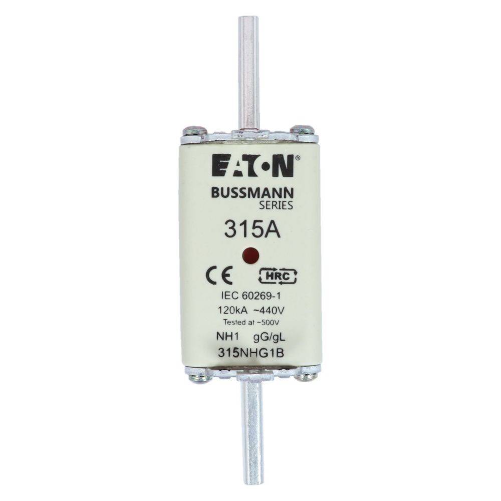 Eaton Bussmann Serie Sicherung, 315A, 120kA, 440V. Zylindrischer Körper mit Metallverbindungsstangen oben und unten, mit Spezifikationen beschriftet.