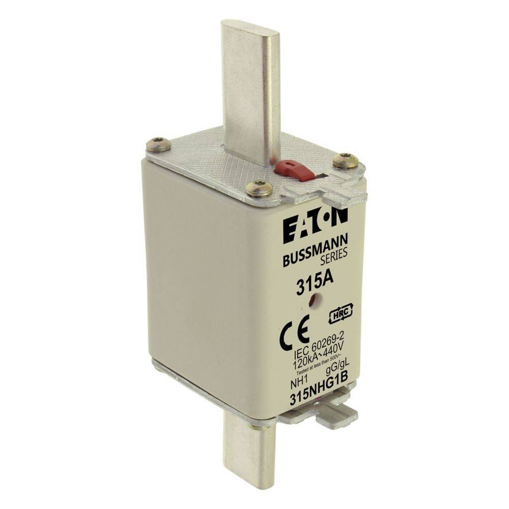 Eine Bussmann-Serie 315A Elektrosicherung mit sichtbaren Etikettendetails, verwendet für Hochstromschutz in industriellen Anwendungen.