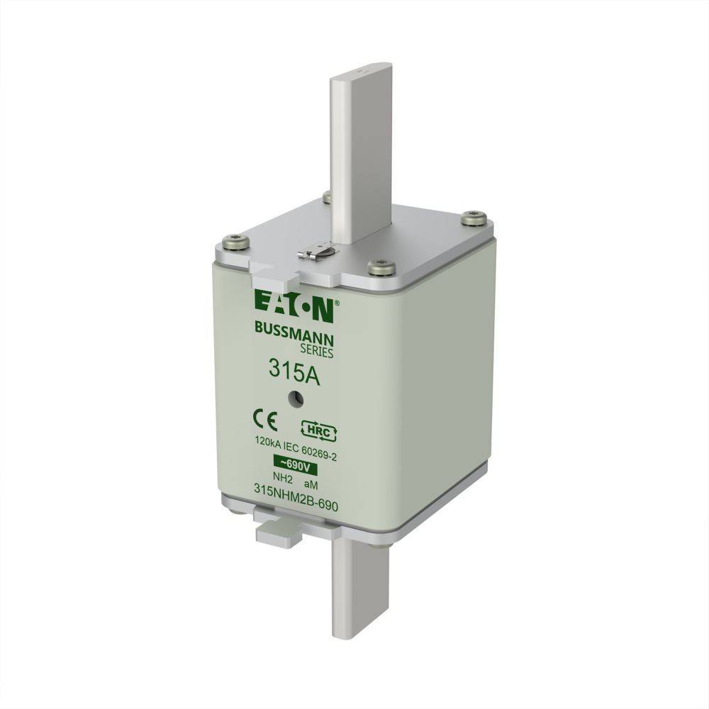 Eine Nahaufnahme einer Bussmann-Sicherung der 315A-Reihe von Eaton, geeignet für 120kA-Anwendungen, konform mit den IEC-60269-2-Standards.