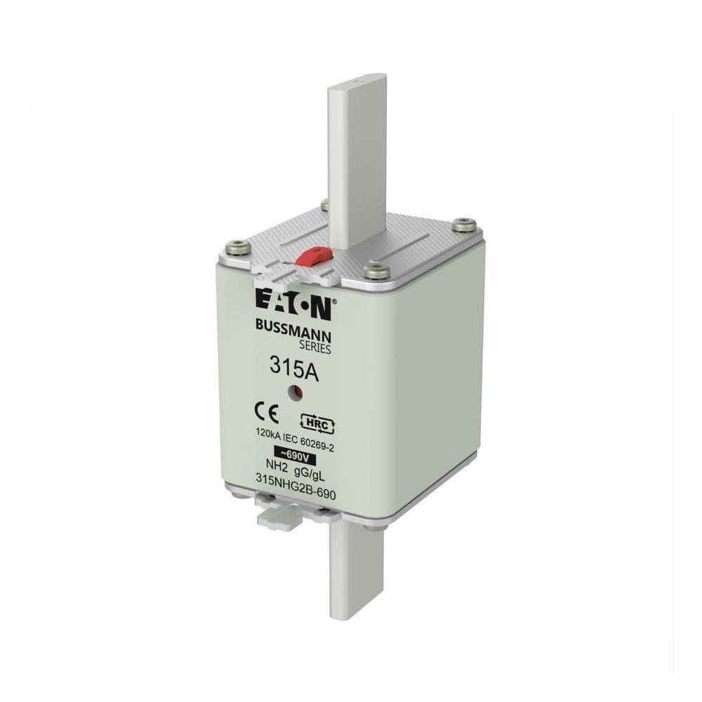 Eaton Bussmann Sicherung der Serie mit '315A'-Kennzeichnung, bewertet mit 500V, zur elektrischen Stromkreisabsicherung. Weiße Gehäuse mit metallischen Anschlüssen.
