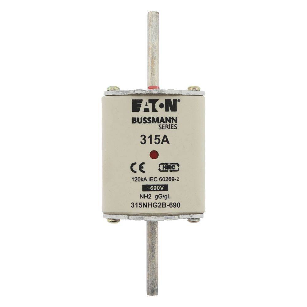 Sicherung der Eaton Bussmann-Serie 315A, bewertet mit 120kA nach IEC 60269-2, -690V, NH2 gG/gL, Modell 315NHG2B-690.