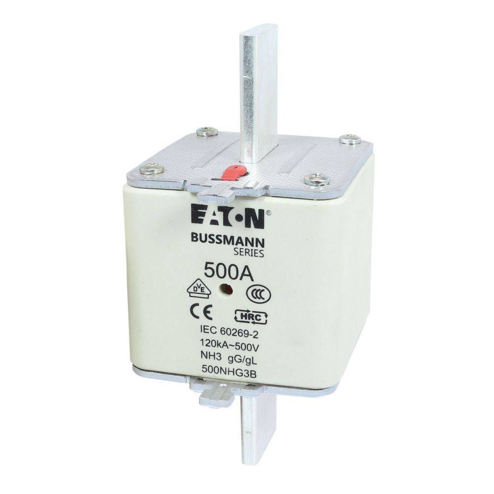 Eaton Bussmann Serie 500A Sicherung, 120kA, 500V, NH3 gG/gL Typ, Modell 500NHG3B, silberne und weiße Gehäuse mit Etikett und CE-Kennzeichnung.