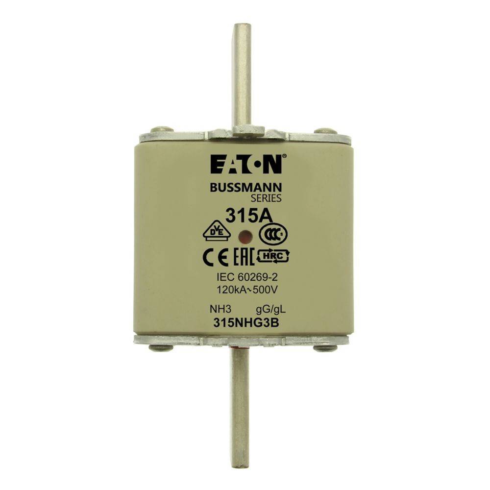 Eaton Bussmann Serie 315A Sicherung, IEC 60269-2, 120kA-500V, NH3, gG/gL, 315NHG3B mit Metallstangen oben und unten.