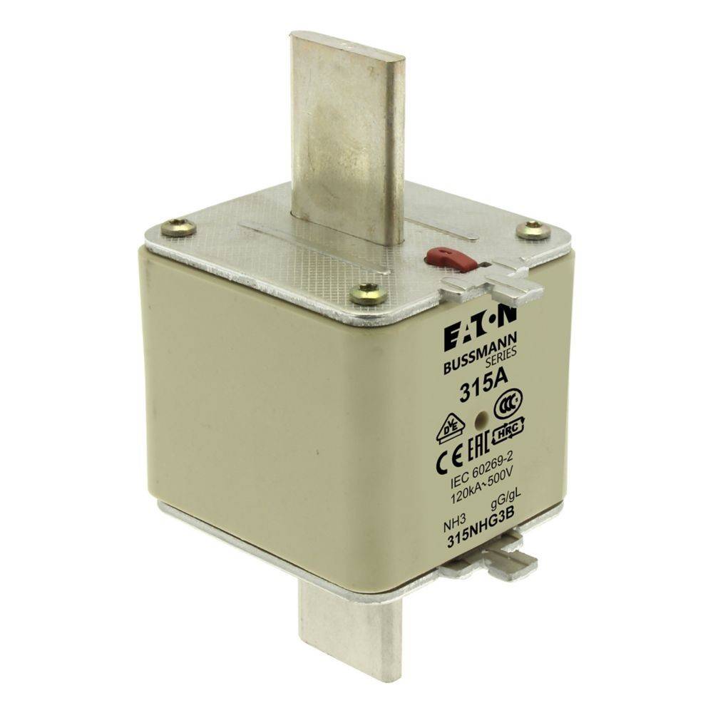Eine beige Eaton Bussmann NH-Sicherung mit einer Nennstromstärke von 315 A, entwickelt für industrielle elektrische Anwendungen. Modell 3LJ GB/T 13539.2/IEC 60269-2.