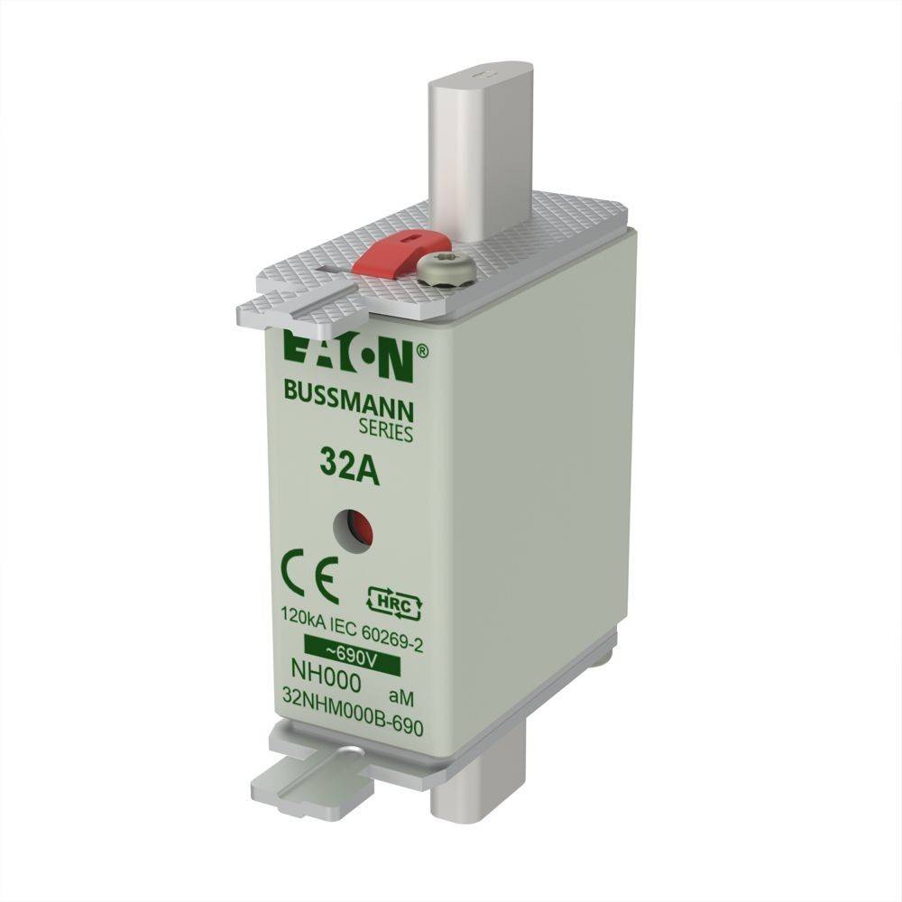 Eaton Bussmann Sicherung 32A, 690V, Typ NH000, für elektrische Anwendungen, mit weißem Gehäuse und rotem Schalthebel.